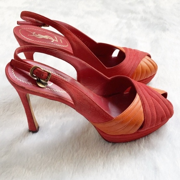 YSL Logo Palais 105 Orange and Coral Slingback Platform Heels, size 37.5 - Picture 6 of 11